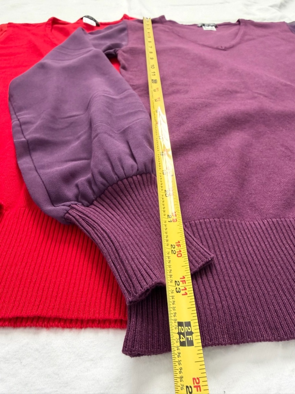 VENUS Bundle | 2 Sheer Sleeve Stretch Knit V-Neck Sweaters | Red & Purple | XS - Picture 13 of 16